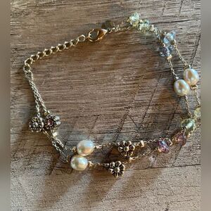 Premier Design Women’s Bracelet Gold Tone 2 Strand Pearls Flowers Rhinestones